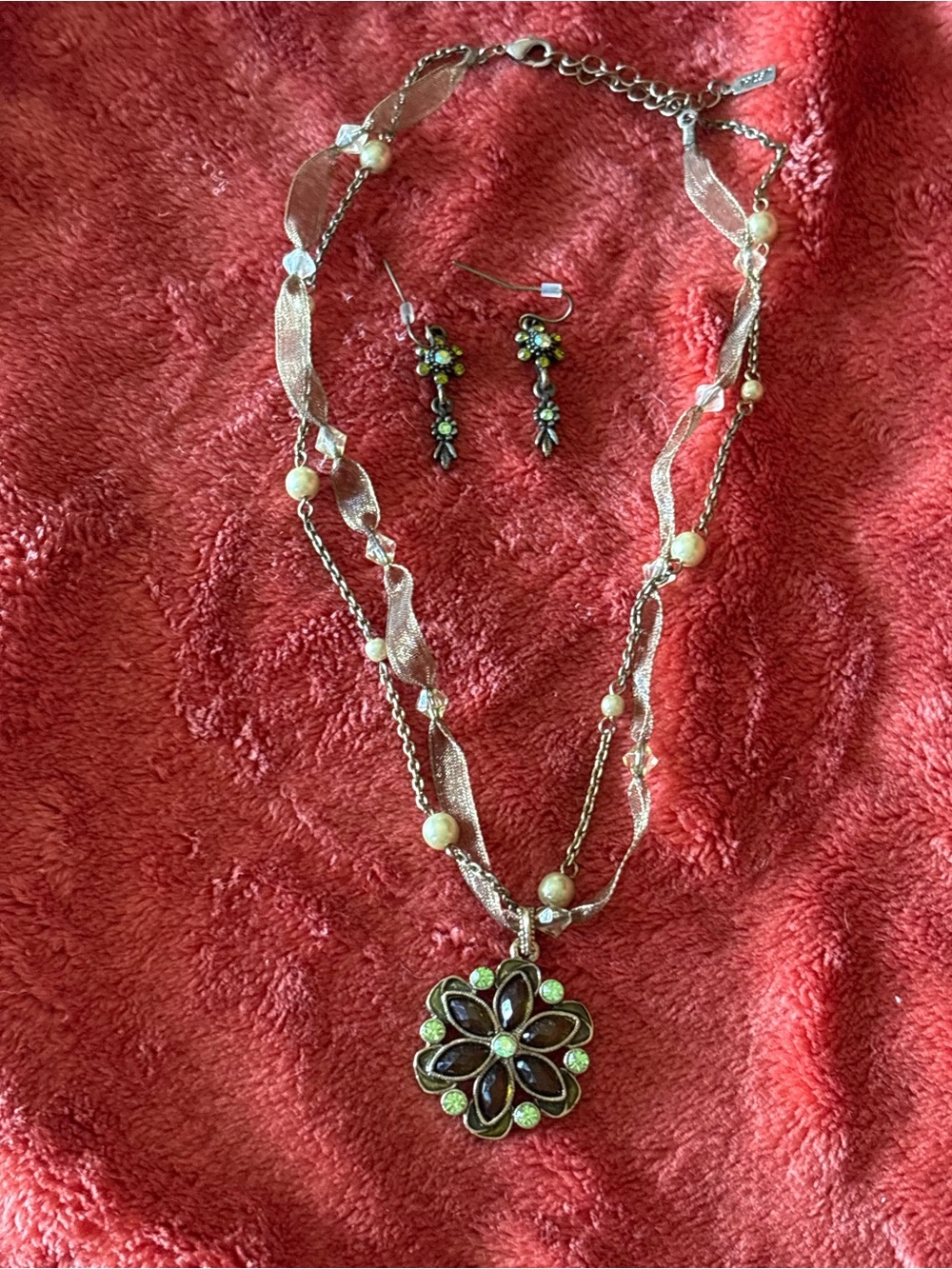 Gold-Tone Floral Pendant Necklace and Earrings Set with Green Accents